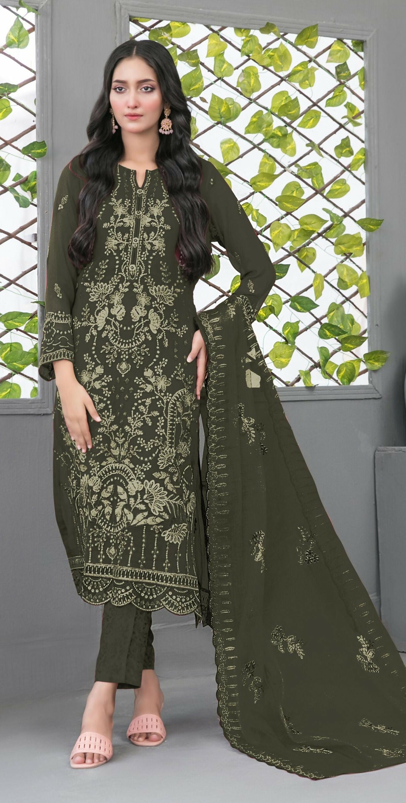 Anaita Mehendi Fox Georgette Semi Stiutched Suit with Embroidery Sequence Work - Distacart