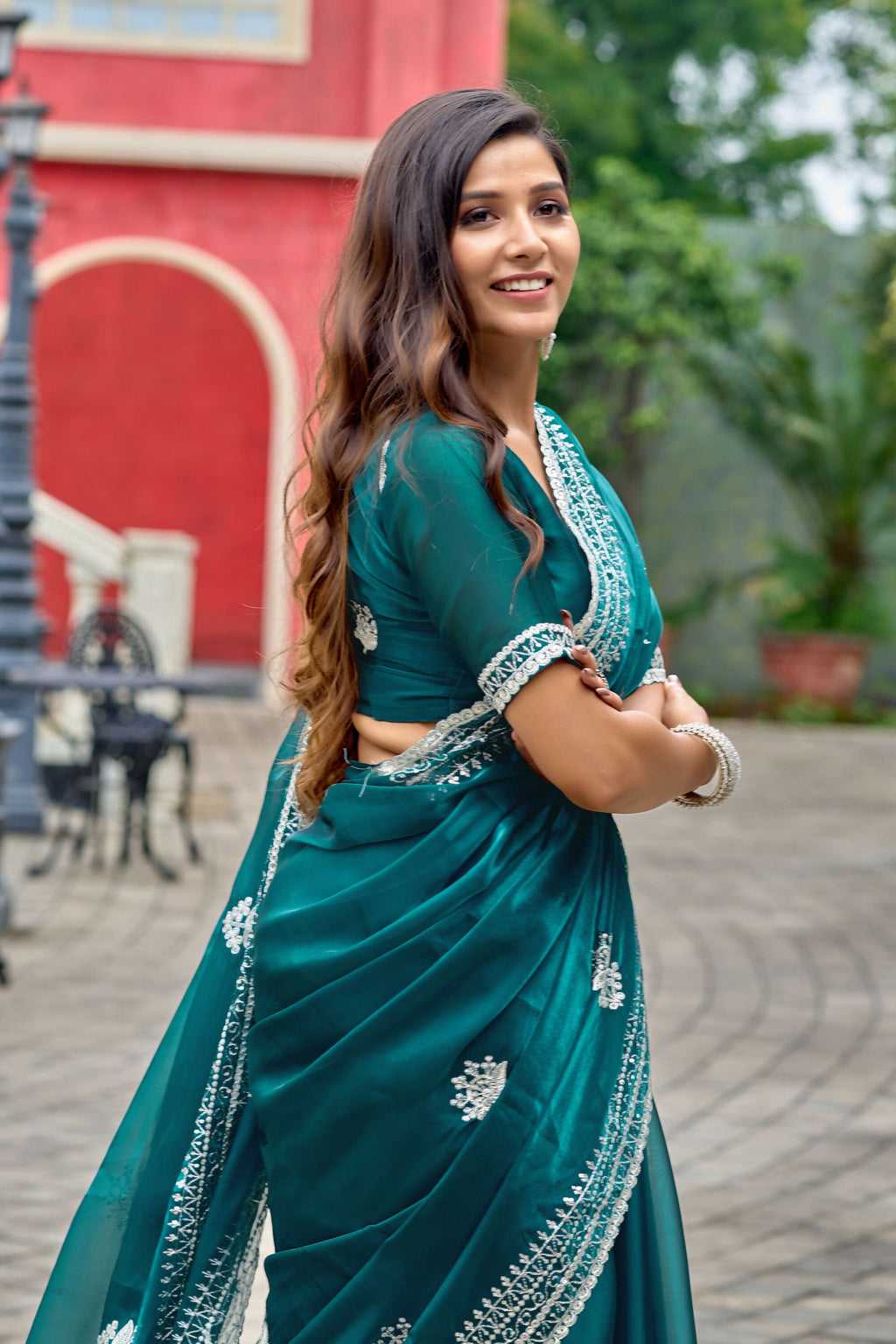 Vastranavya Rama Embroidery Work Shimmer Chiffon Saree with Unstitched Blouse - Distacart