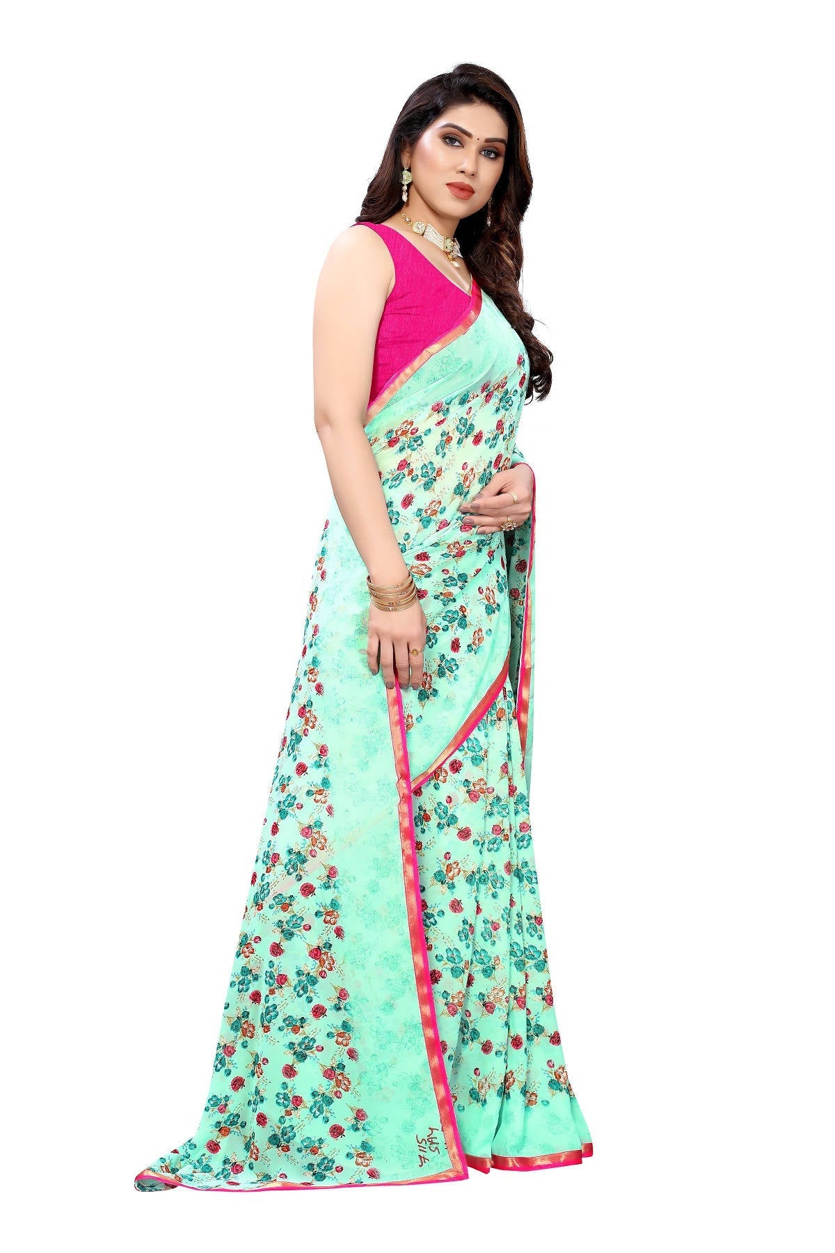 Vamika Ethnic Fire Green Printed With Lace Saree - Distacart
