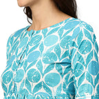 Blue & White Ethnic Motifs Printed Cotton A-Line Dress - Poonam - Distacart