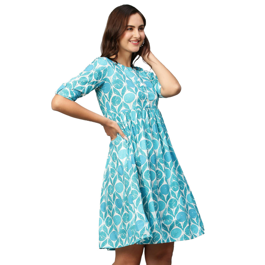 Blue & White Ethnic Motifs Printed Cotton A-Line Dress - Poonam - Distacart