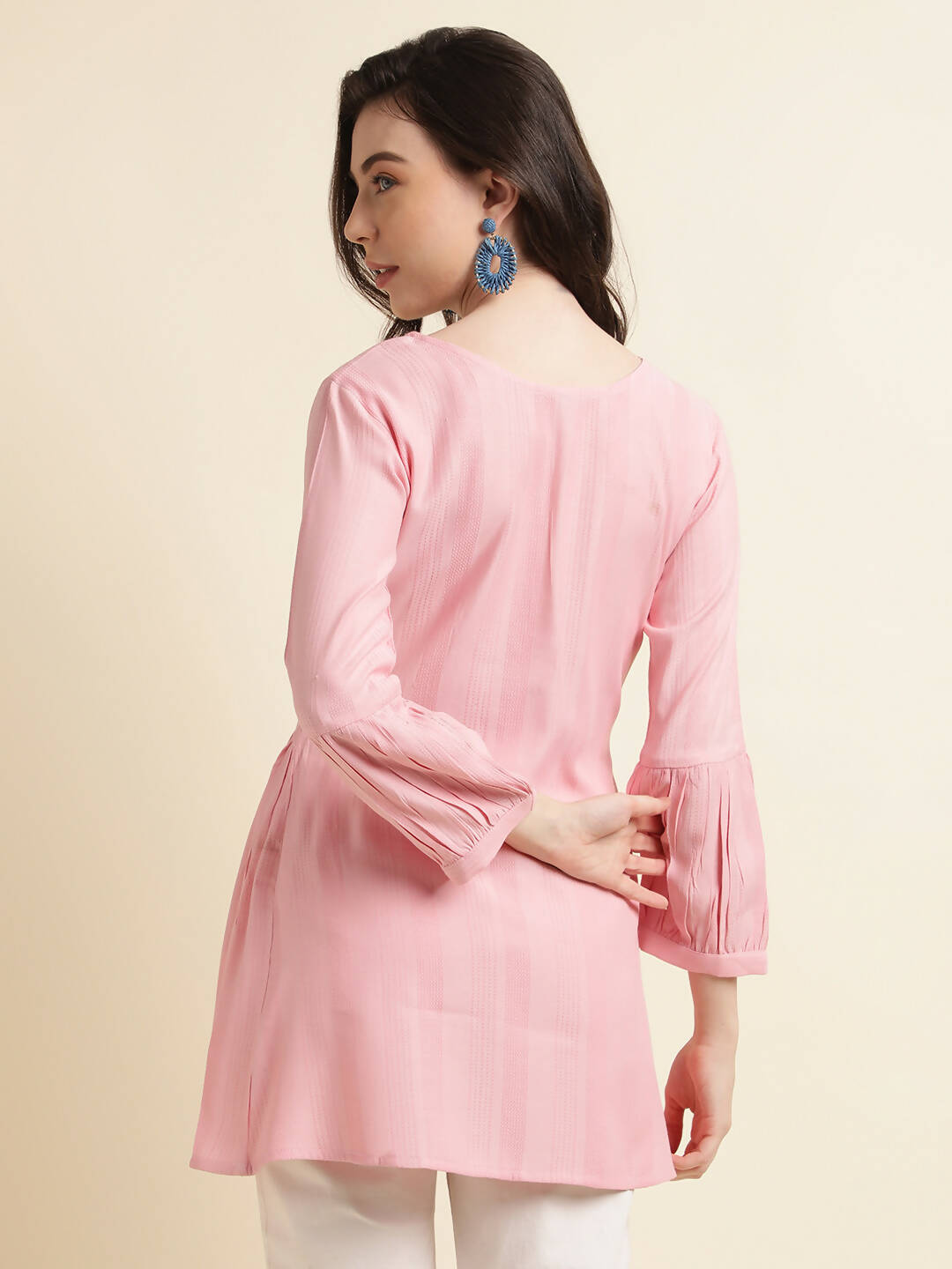 Pink Viscose Rayon Yoke Embroidered A-line Top - Tarini