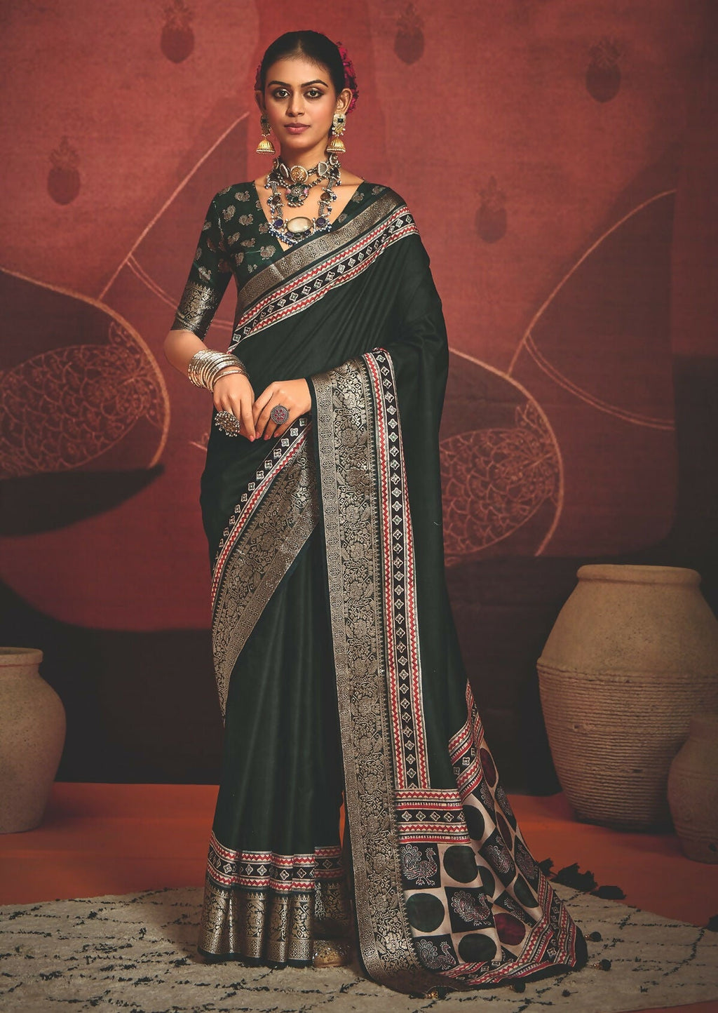 Joban Fashion Green Art Silk With Fine Viscose Border Ajrak Full Body Print With Soft Finish Saree - Distacart