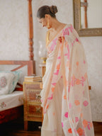 Prime Volt Women's Off-White Floral Digital Print Soft Linen Saree With Blouse - Distacart