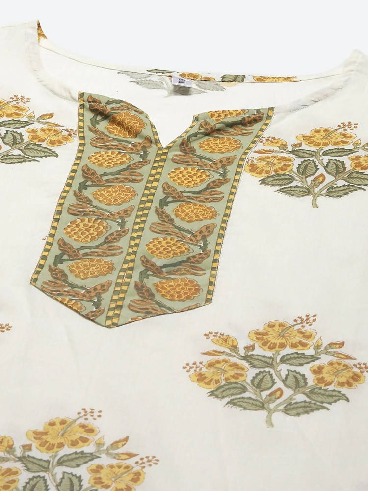 Yufta White yellow Floral Print kurta with Trouser & Dupatta set