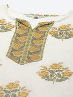 Yufta White yellow Floral Print kurta with Trouser & Dupatta set