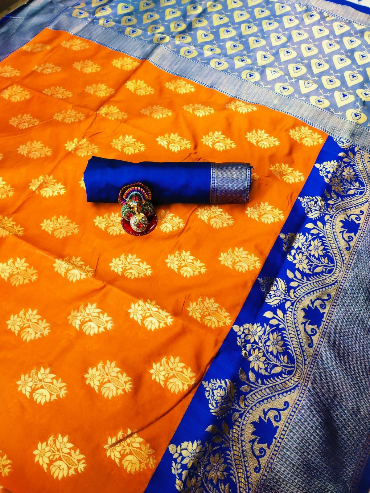 DEIANA'S Beautiful Designer Golden zari Soft Lichi Silk Saree - Orange