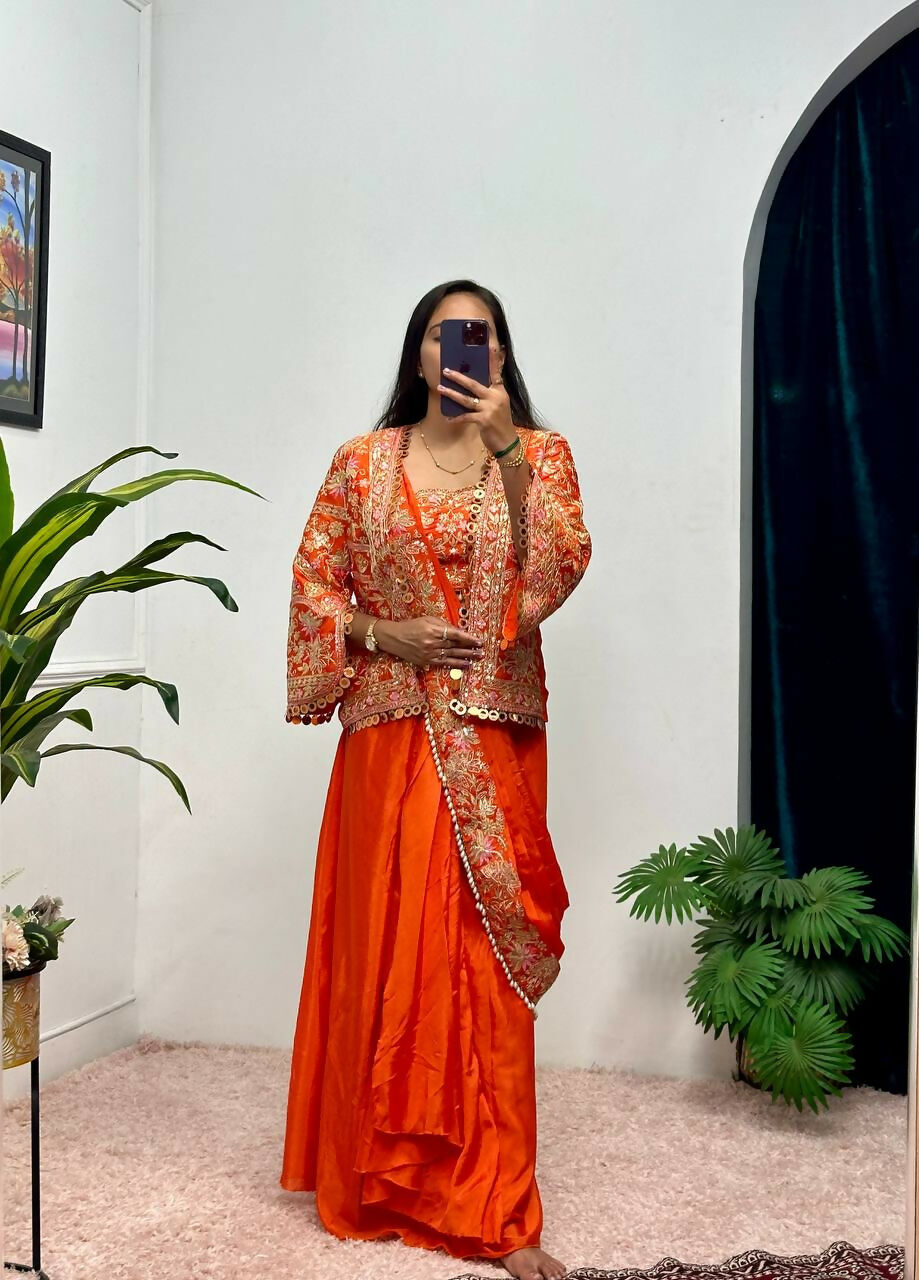Teeya Creation Orange Color Chinon Silk Embroidery Work Ready To Wear Party Wear Saree With Koti - Distacart