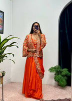 Teeya Creation Orange Color Chinon Silk Embroidery Work Ready To Wear Party Wear Saree With Koti - Distacart