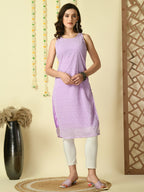 Myshka Women's Lavender Georgette Sleeveless Straight Party Kurta