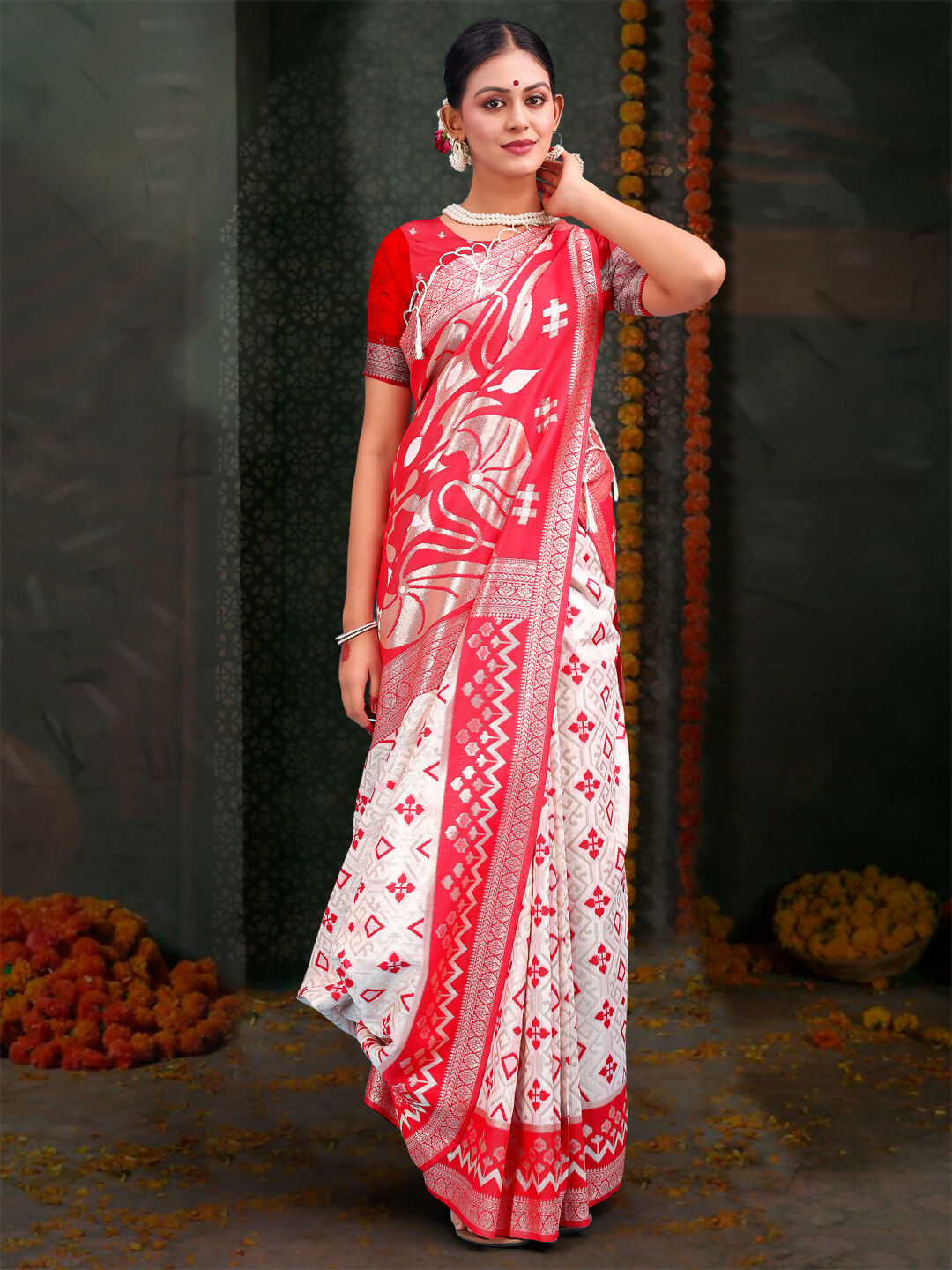 Shree Shyam Fashion Devistuti Red White Linen Cotton Saree