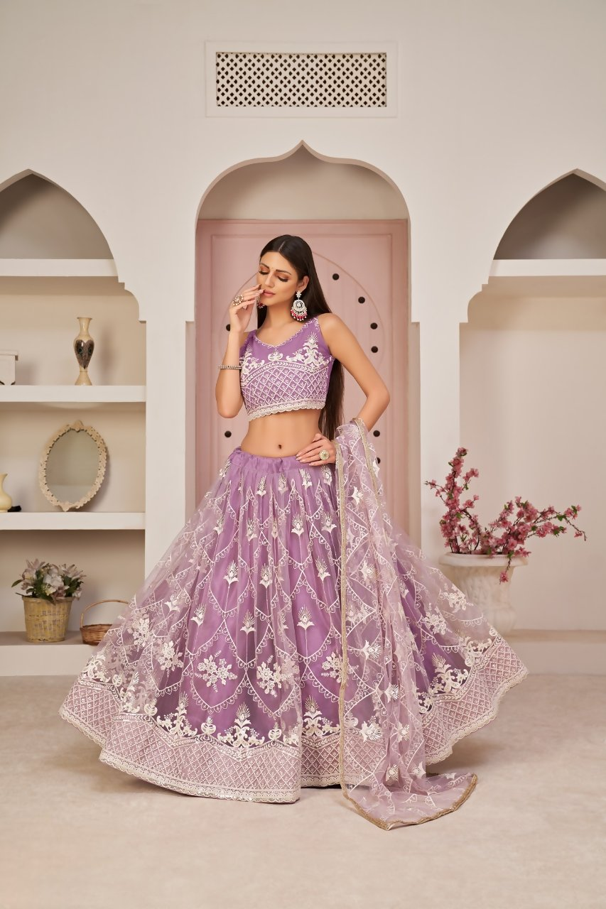 Eilara Women'S Lavender Butterfly Net White Cotton Thread And Zari Sequence Embroidered Work Lehenga Choli For Wedding