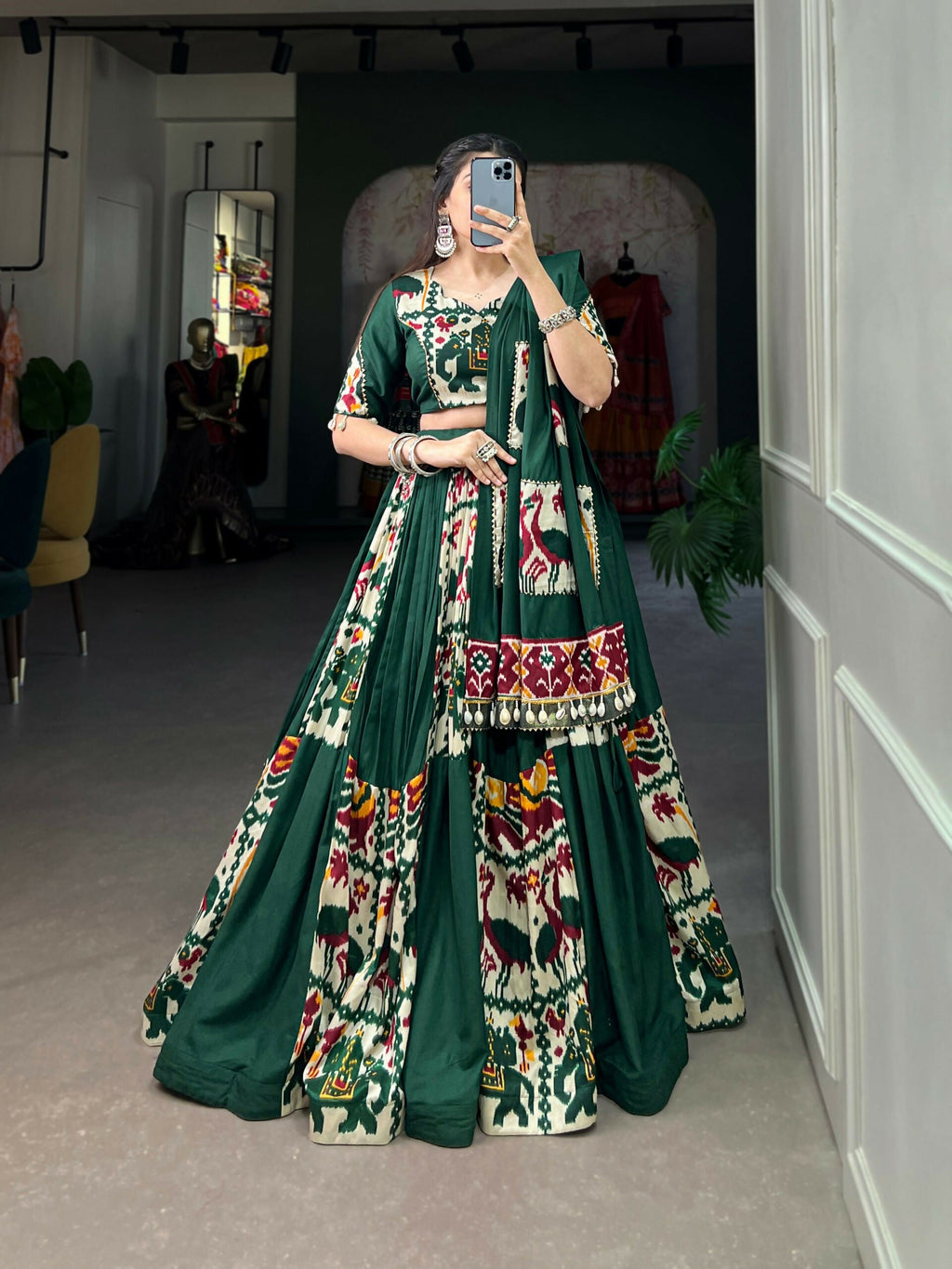 Vastranavya Navaratri Special Rayon with Printed Silk Lehenga with Stitched Choli - Green