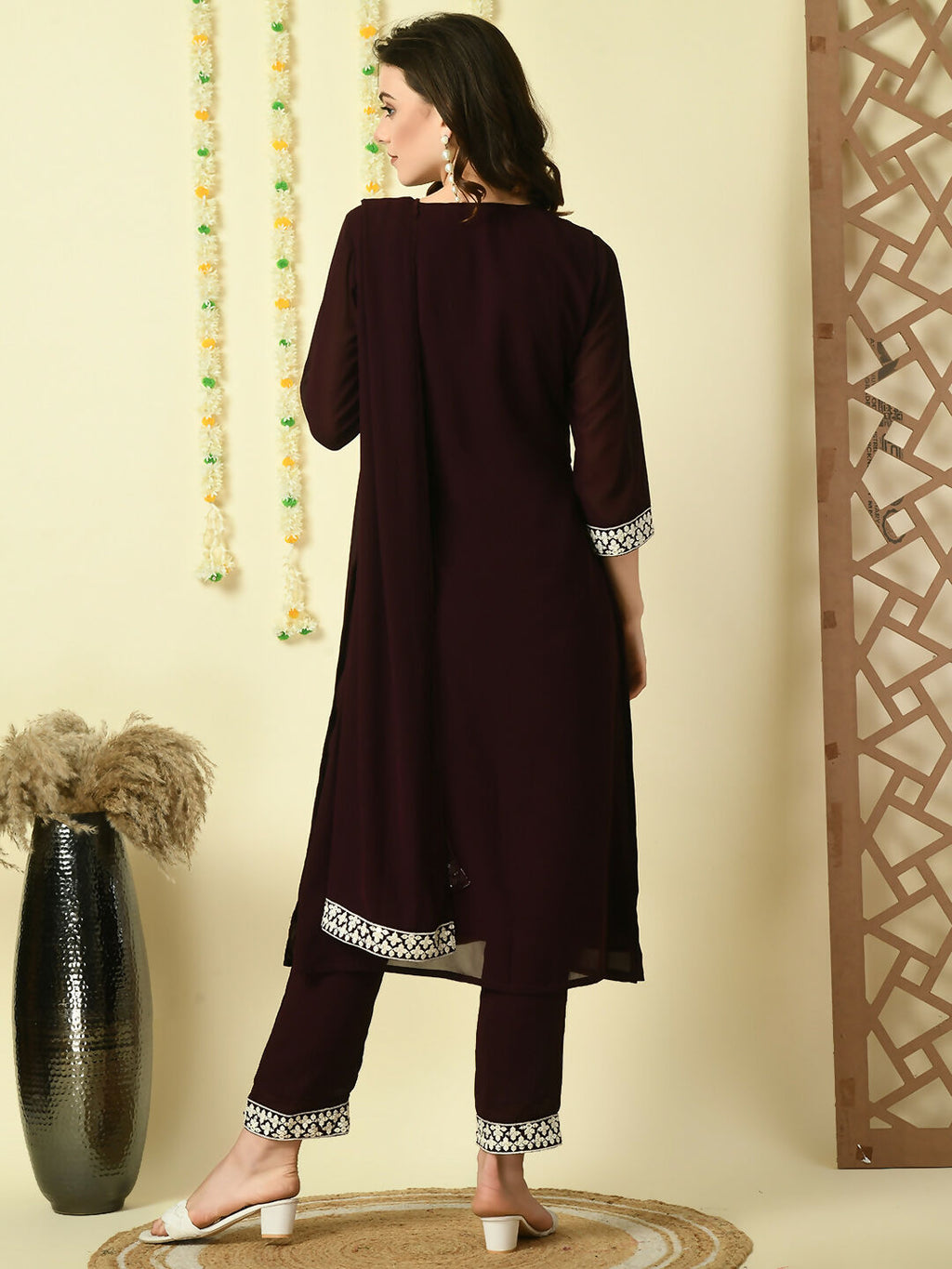 Myshka Women's Coffee Brown Georgette Kurta & Trousers With Dupatta Party Sets