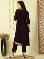 Myshka Women's Coffee Brown Georgette Kurta & Trousers With Dupatta Party Sets