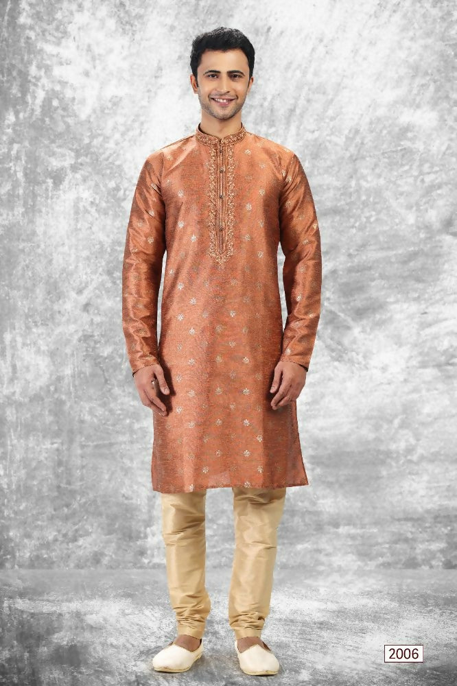 Raivat Ethnic Jacquard Silk Brocade Thread Work Kurta Pajama In Rust Brown Colour