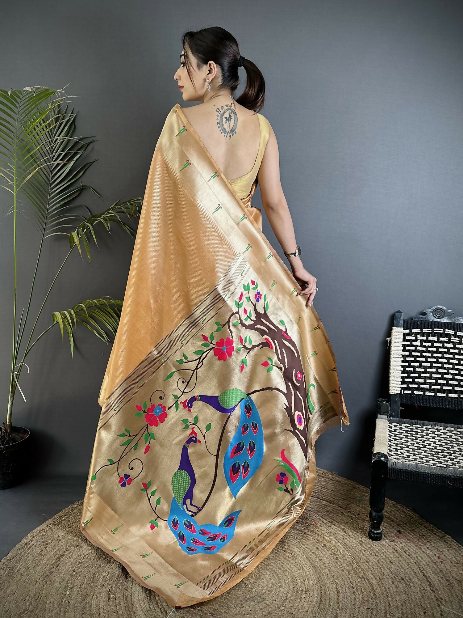 Joban Fashion Gold Yellow Peacock & Floral Motifs Tissue Paithani Saree - Distacart