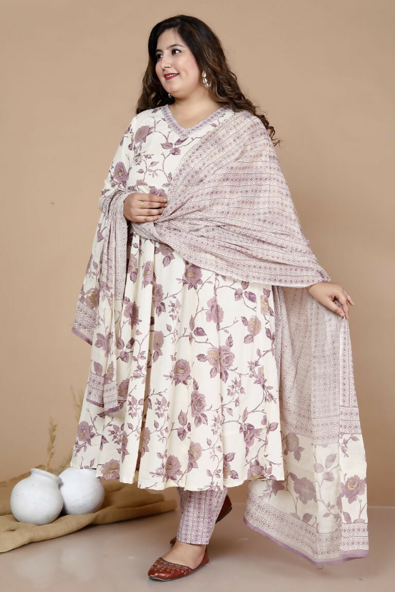 Miravan Women's Plus Size Pink Floral Print Anarkali Kurta With Palazzo & Dupatta Set