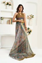 Joban Fashion Dusty Green Floral & Ethnic Motifs Linen Ready To Wear Saree With Unstitched Blouse - Distacart