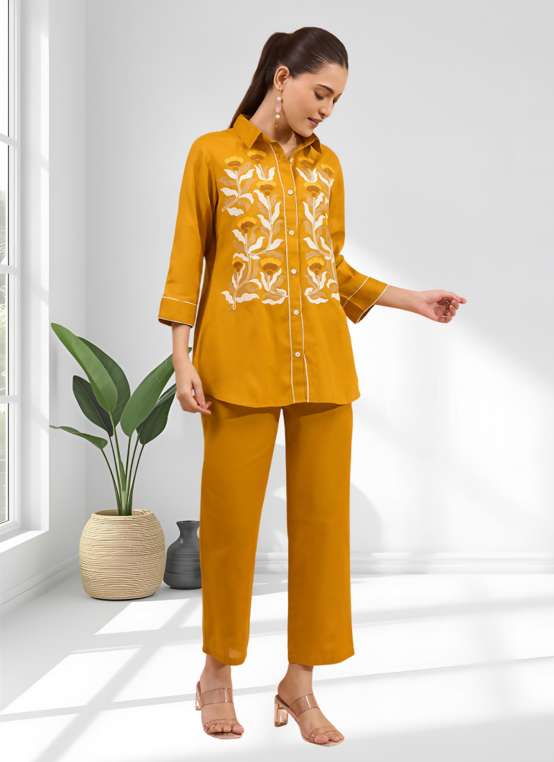 Joban Fashion Mustard Cotton, Linen Embroidered Readymade Cord Set - Distacart
