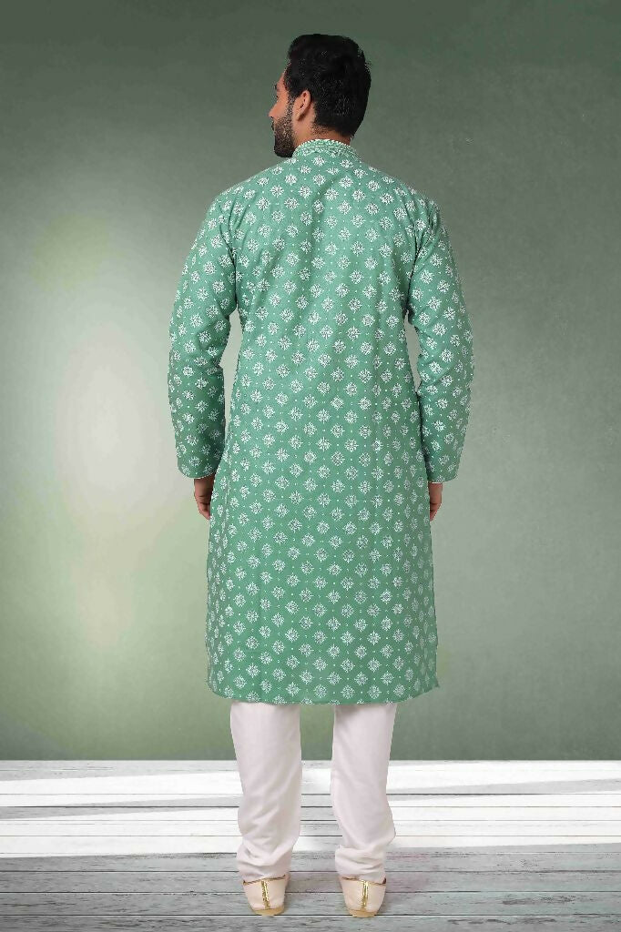 Raivat Ethnic Cotton Printed Work Kurta Pajama In Green Colour