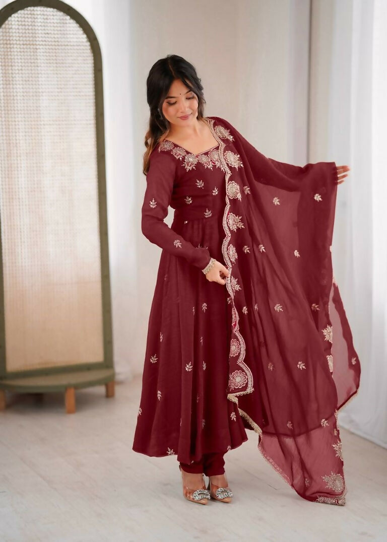 Teeya Creation Maroon Color Crunchy Silk Embroidery Work Wedding Wear Gown - Distacart