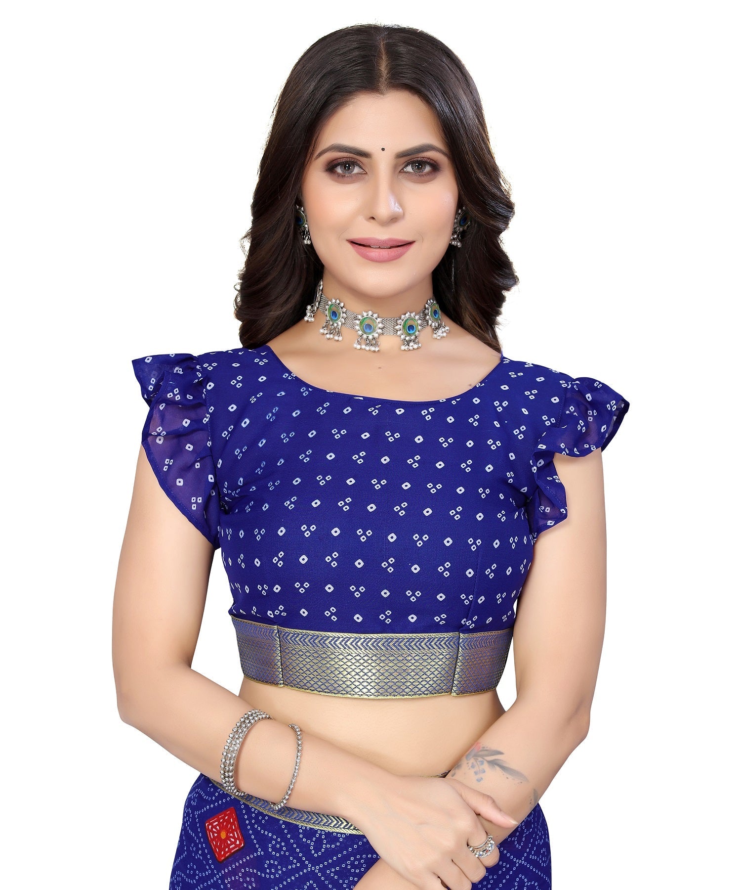 Vamika Blue Georgette Printed With Lace Saree - Distacart