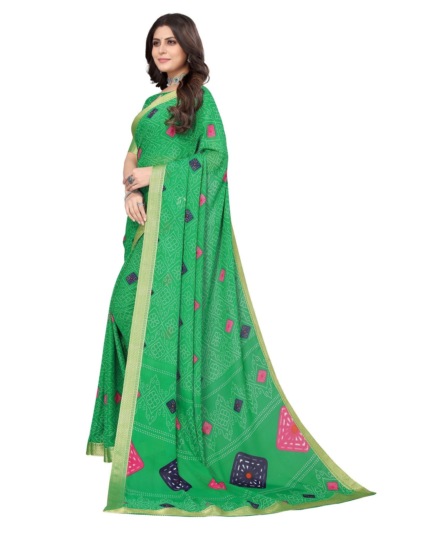 Vamika Green Georgette Printed With Lace Saree - Distacart