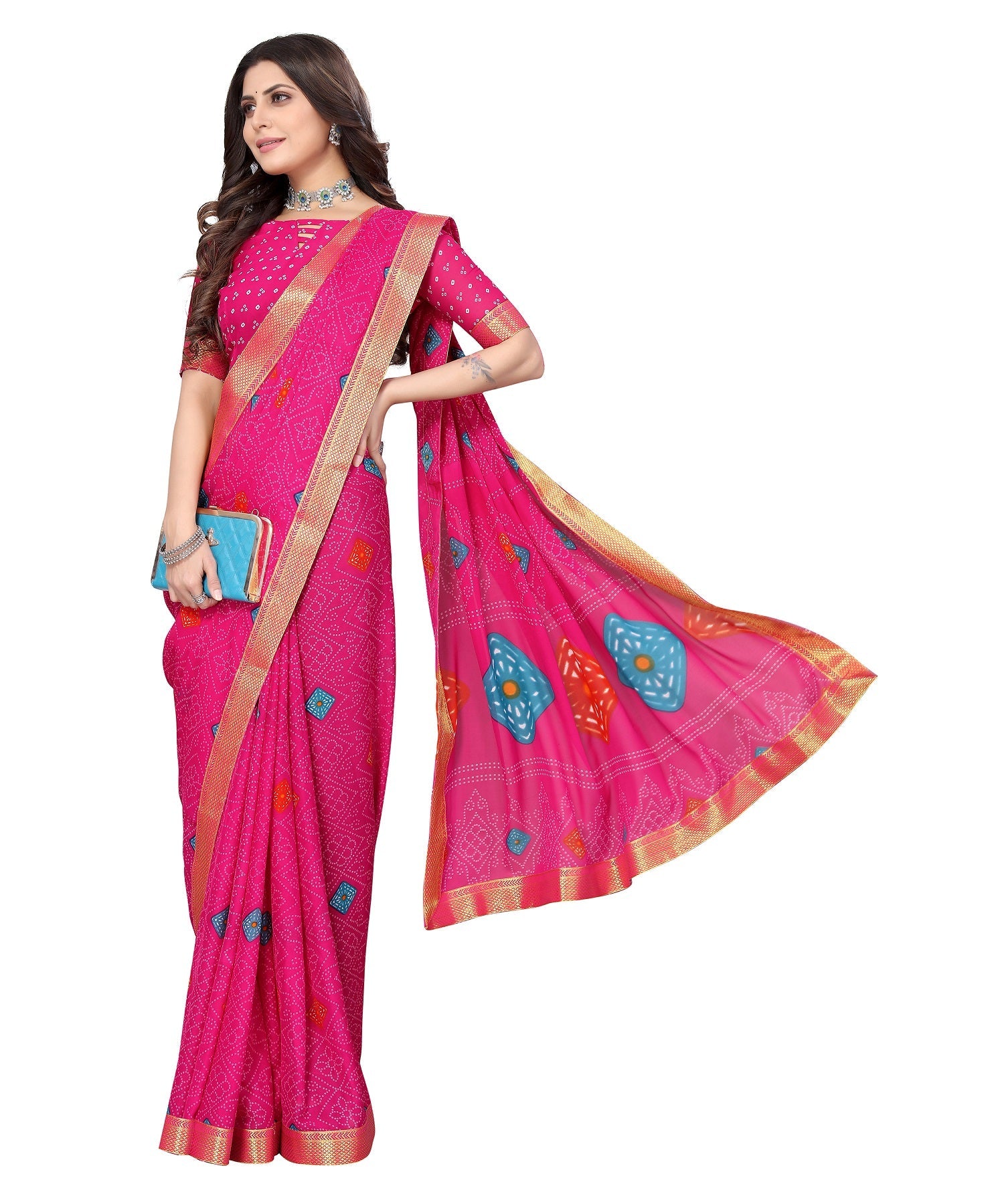 Vamika Pink Georgette Printed With Lace Saree