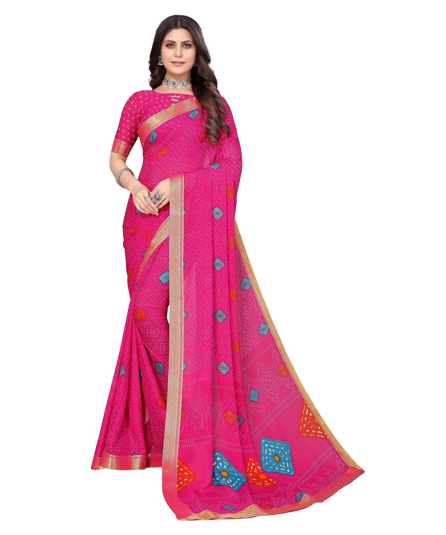 Vamika Pink Georgette Printed With Lace Saree