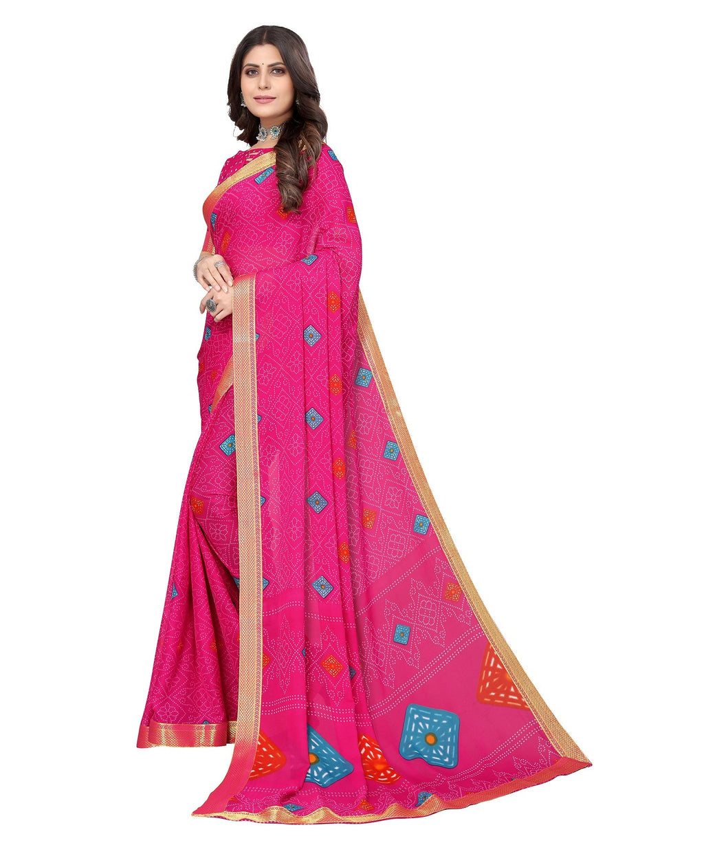 Vamika Pink Georgette Printed With Lace Saree