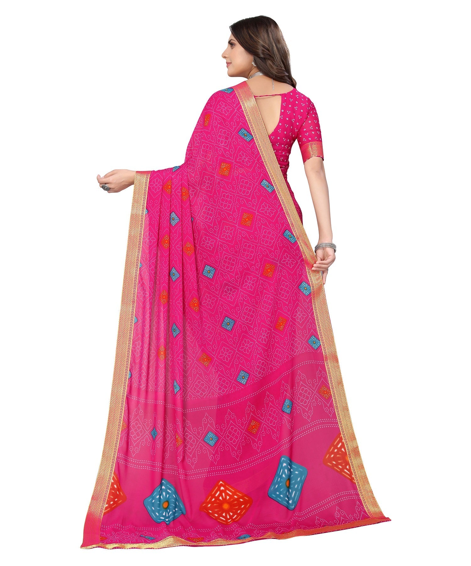Vamika Pink Georgette Printed With Lace Saree