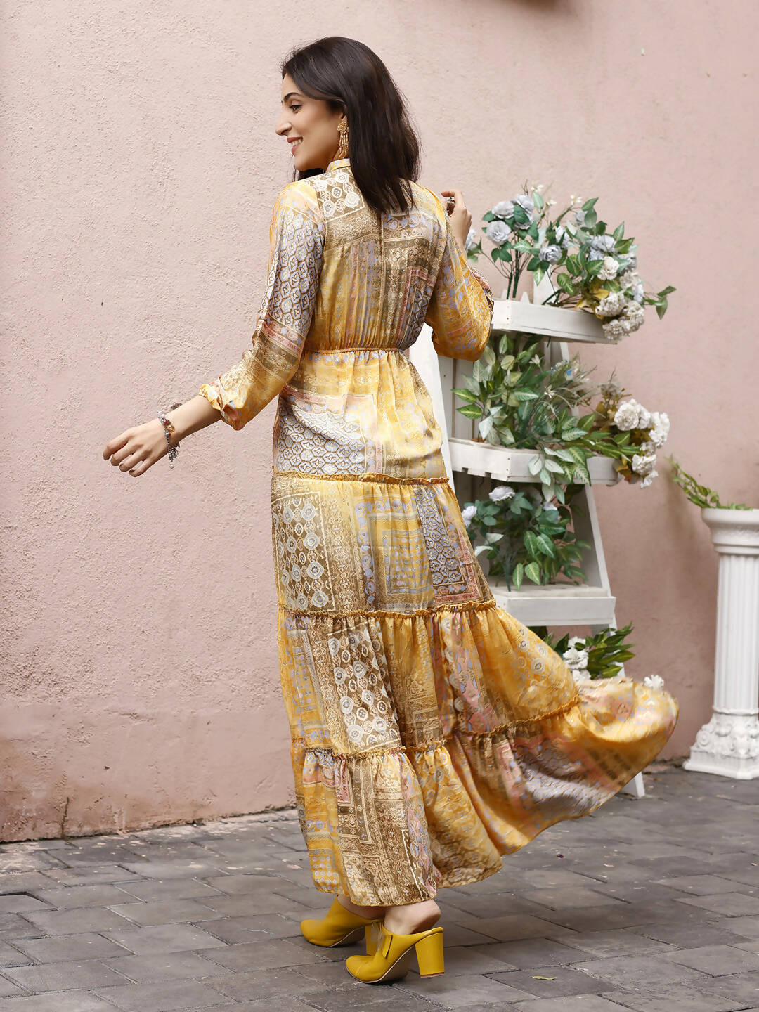 Mustard Crepe Foil Printed Long Dress - Michan - Distacart