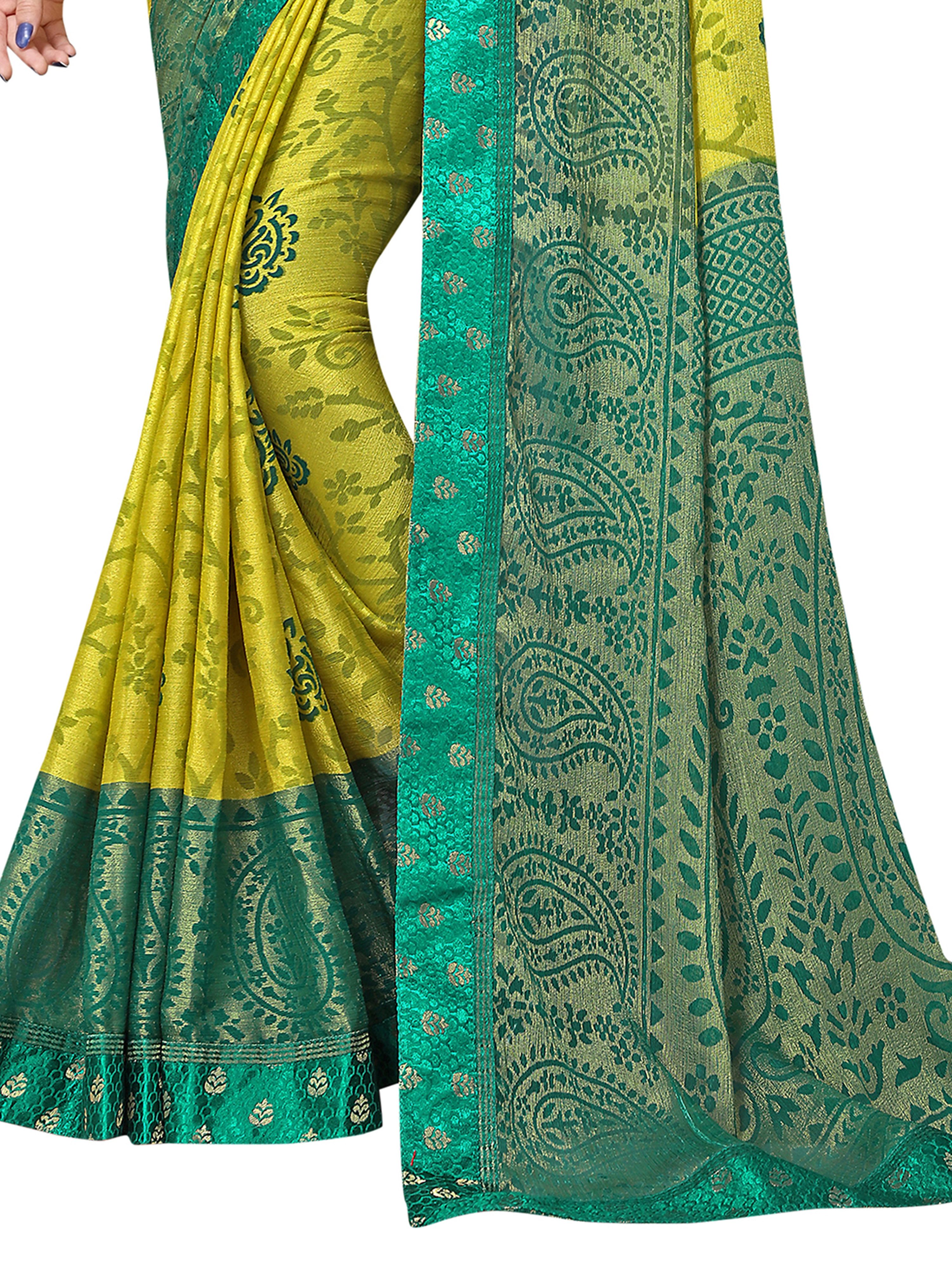 Vamika Light &Dark Green Designer Brasso Sarees With Exclusive Soft Banarsi Brocket Lace
