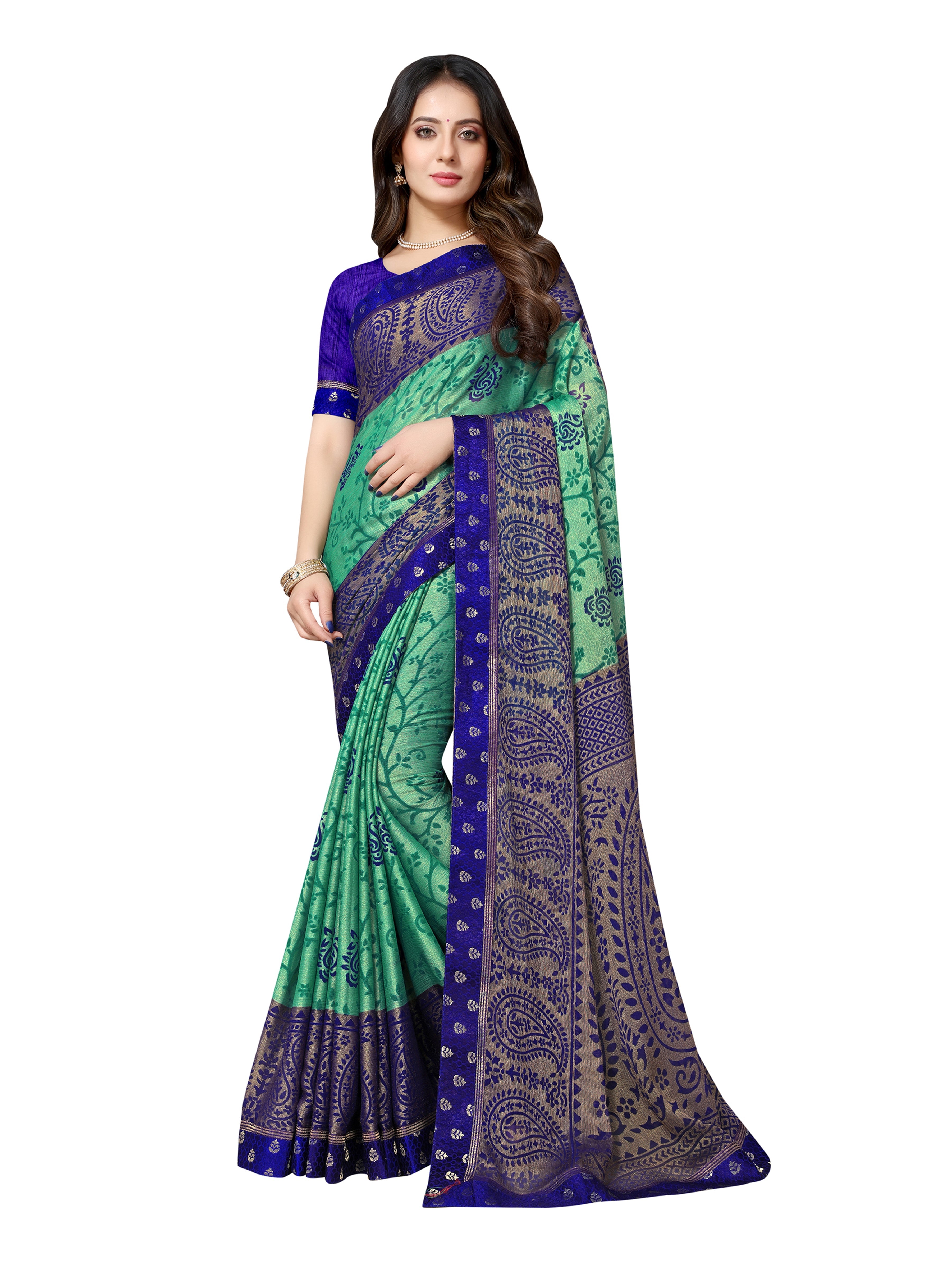 Vamika Rama&Blue Designer Brasso Sarees With Exclusive Soft Banarsi Brocket Lace