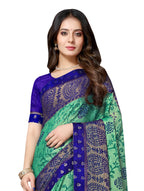 Vamika Rama&Blue Designer Brasso Sarees With Exclusive Soft Banarsi Brocket Lace