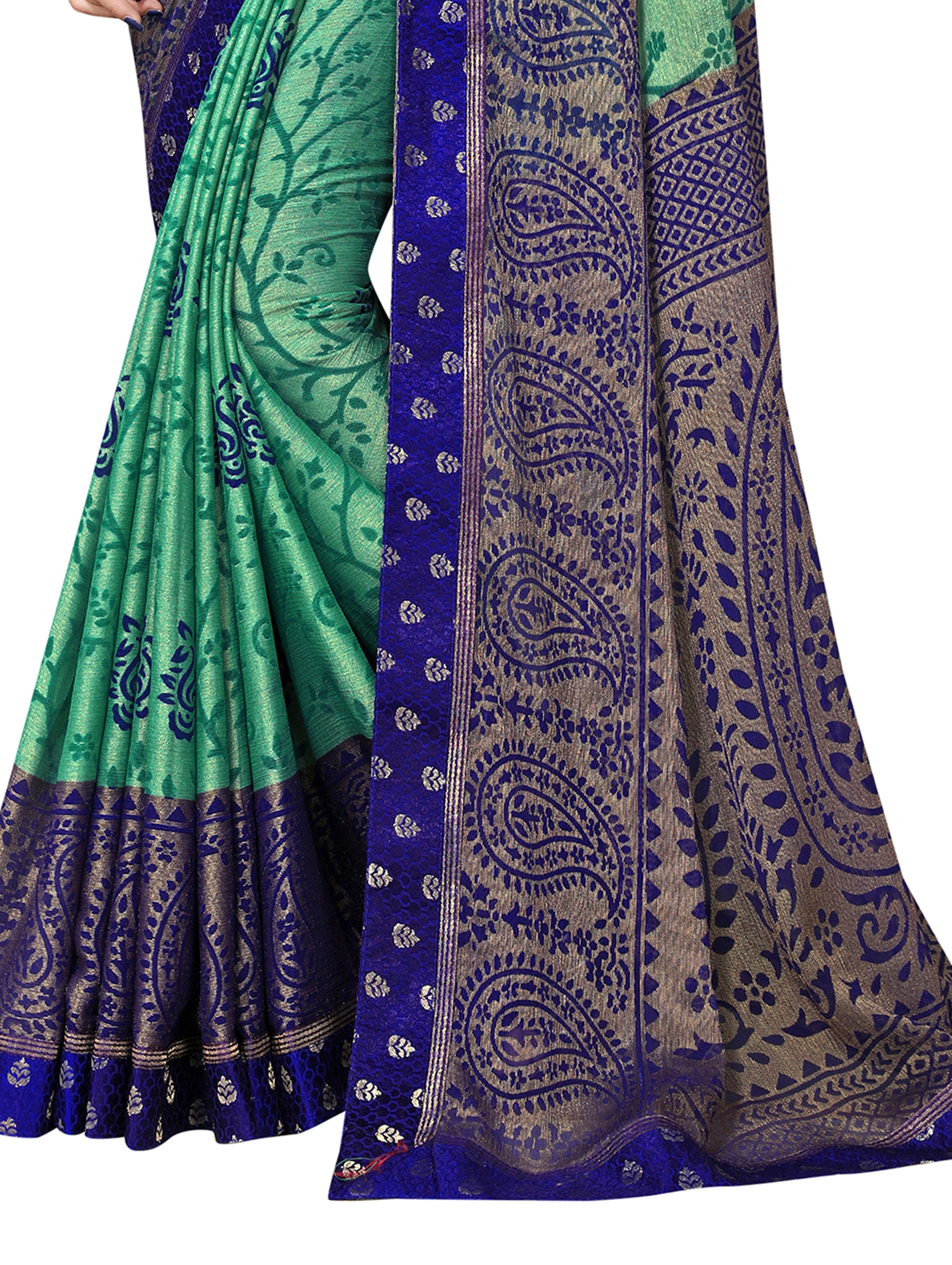 Vamika Rama&Blue Designer Brasso Sarees With Exclusive Soft Banarsi Brocket Lace