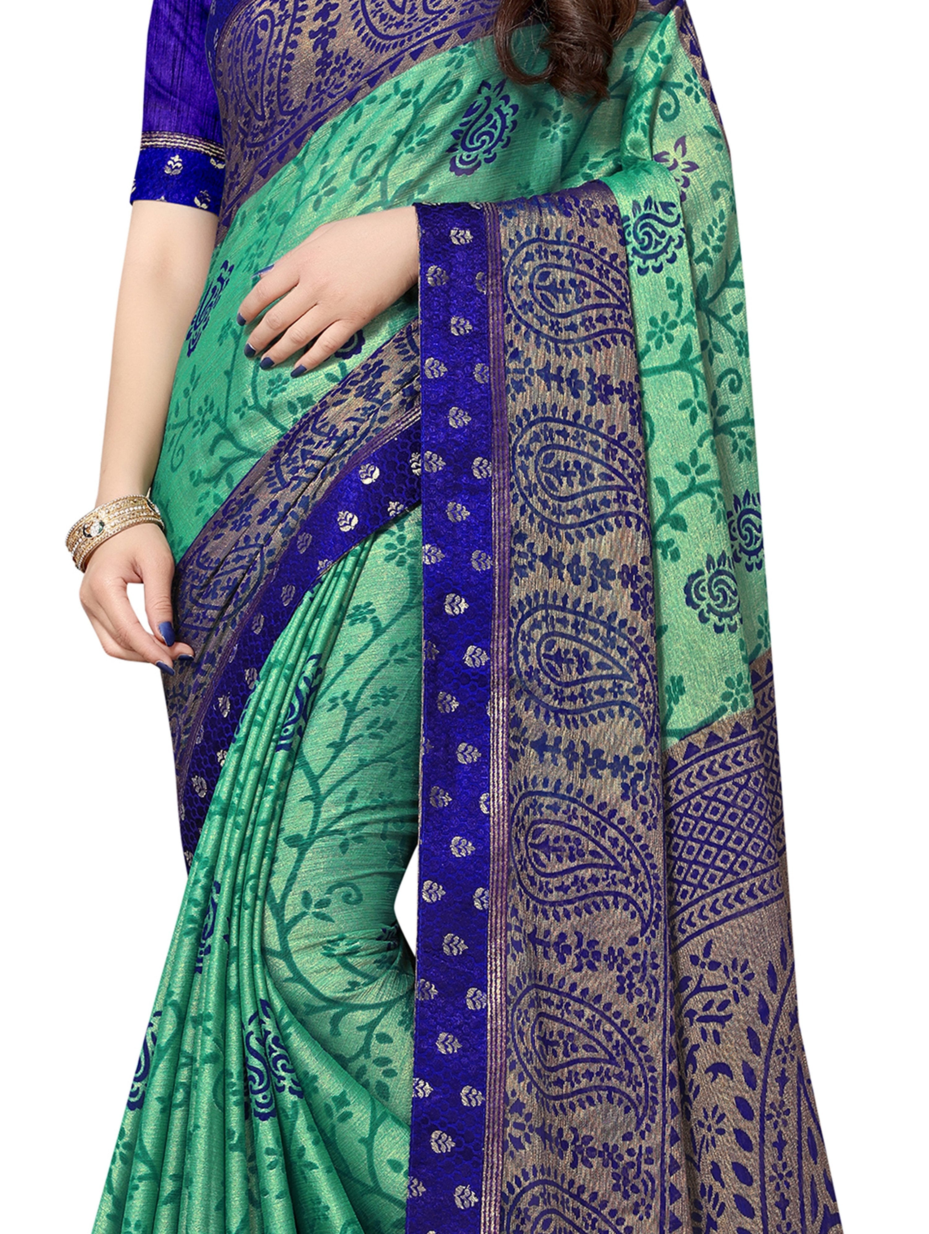 Vamika Rama&Blue Designer Brasso Sarees With Exclusive Soft Banarsi Brocket Lace
