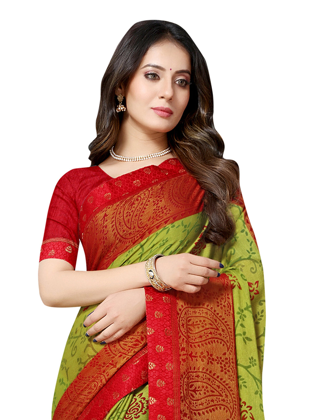 Vamika Green & Red Designer Brasso Sarees With Exclusive Soft Banarsi Brocket Lace