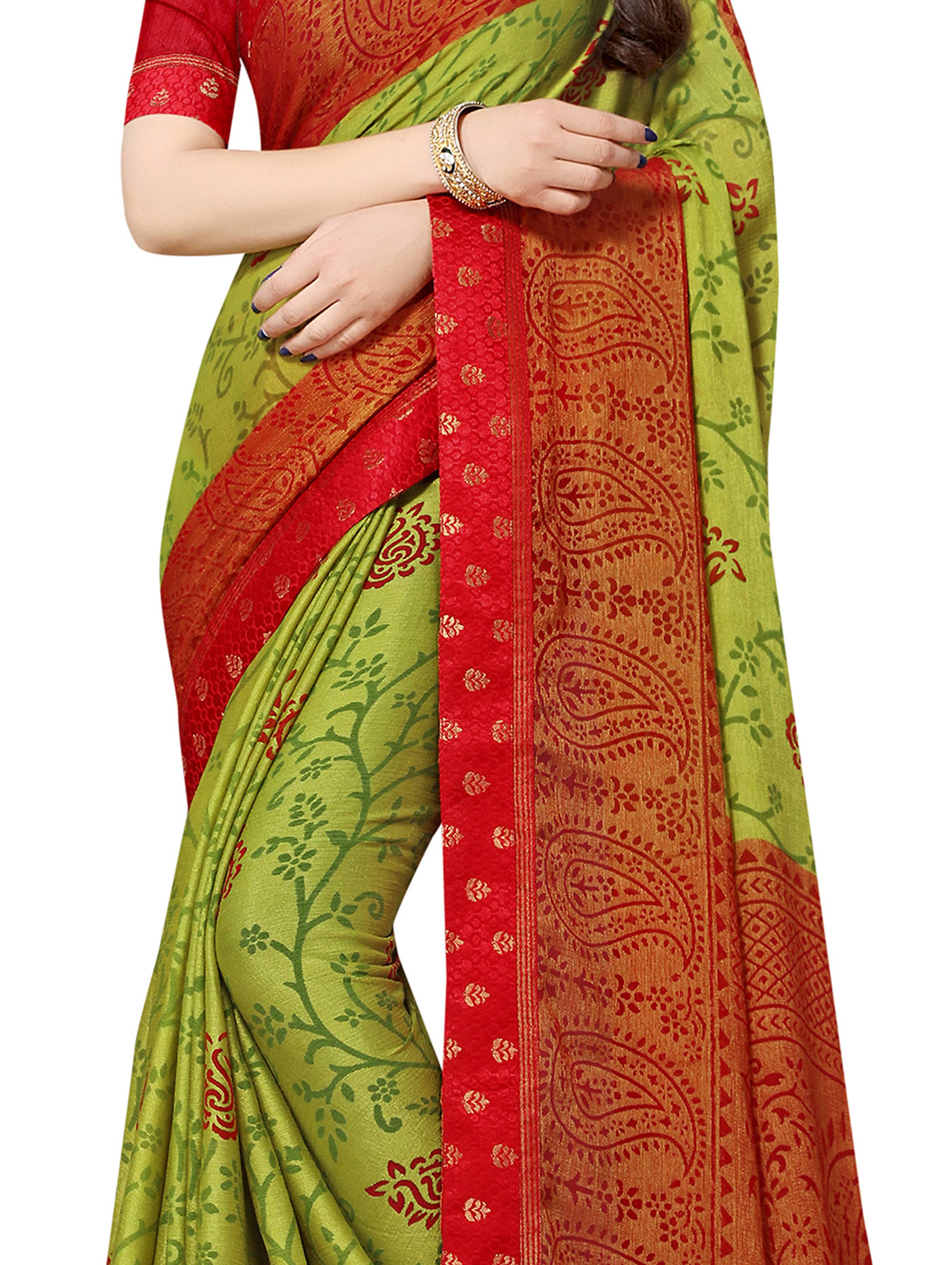 Vamika Green & Red Designer Brasso Sarees With Exclusive Soft Banarsi Brocket Lace