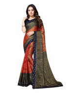Vamika Orange & Navy Blue Designer Brasso Sarees With Exclusive Soft Banarsi Brocket Lace