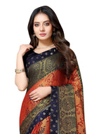 Vamika Orange & Navy Blue Designer Brasso Sarees With Exclusive Soft Banarsi Brocket Lace