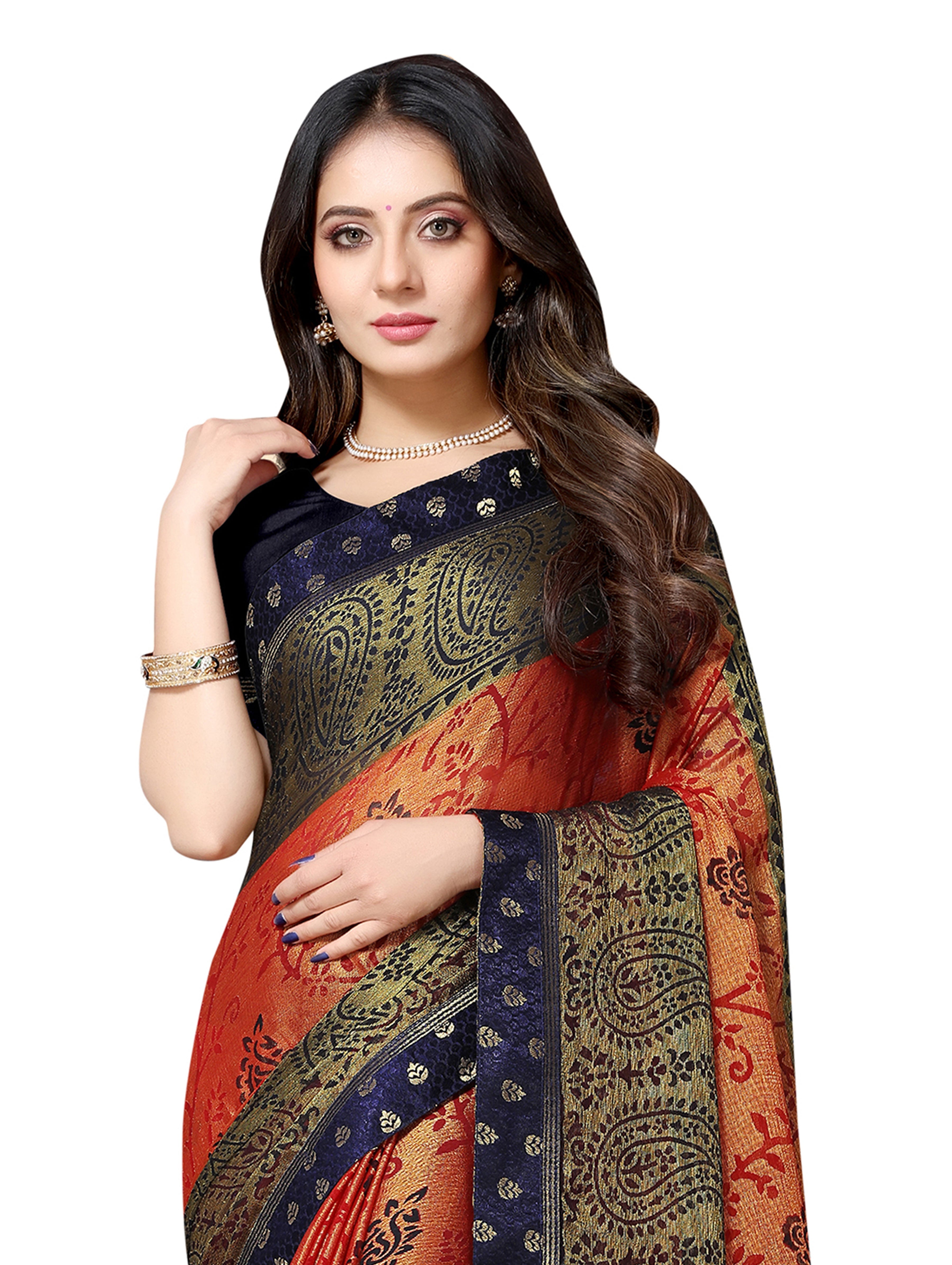 Vamika Orange & Navy Blue Designer Brasso Sarees With Exclusive Soft Banarsi Brocket Lace