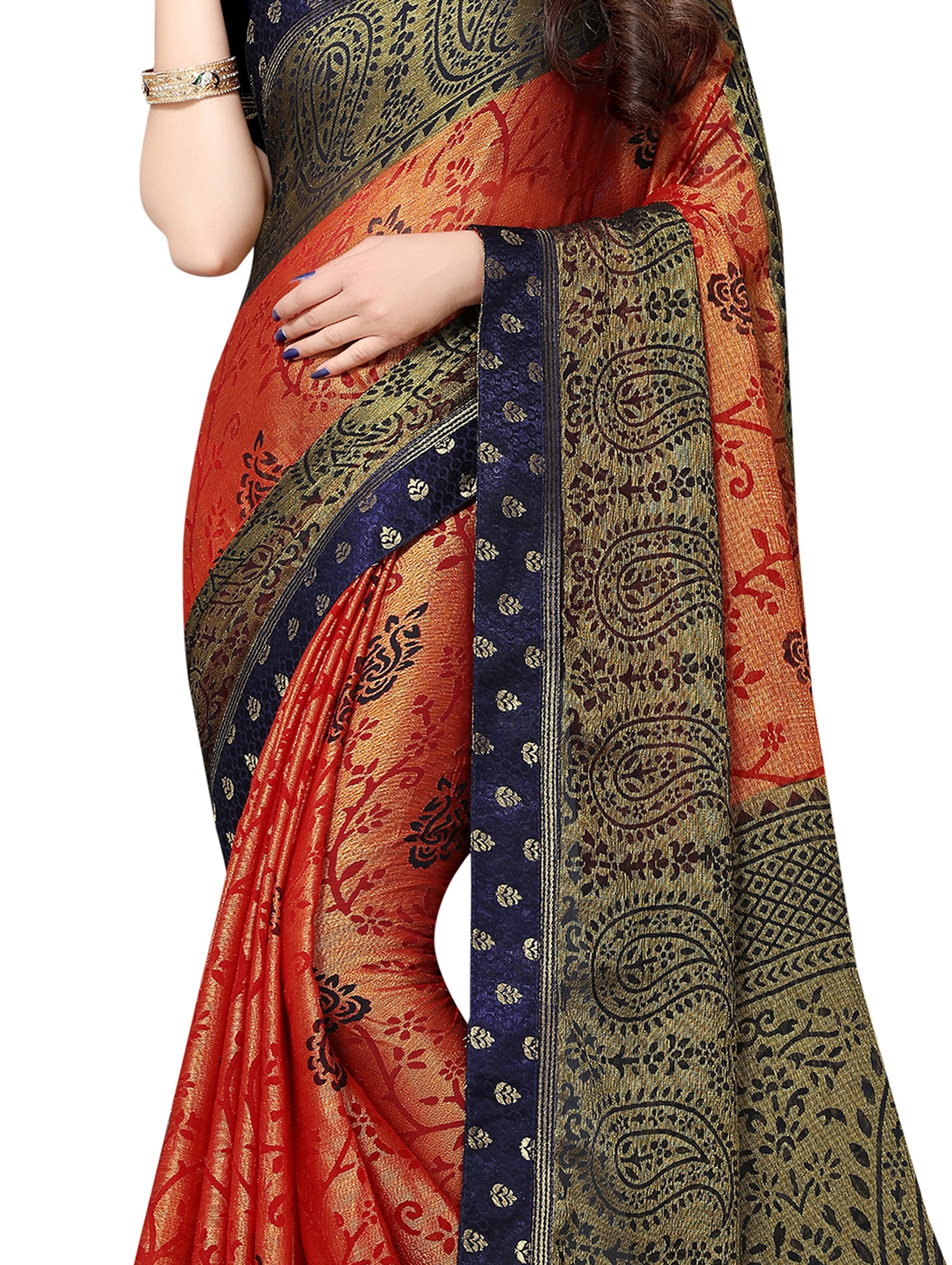 Vamika Orange & Navy Blue Designer Brasso Sarees With Exclusive Soft Banarsi Brocket Lace