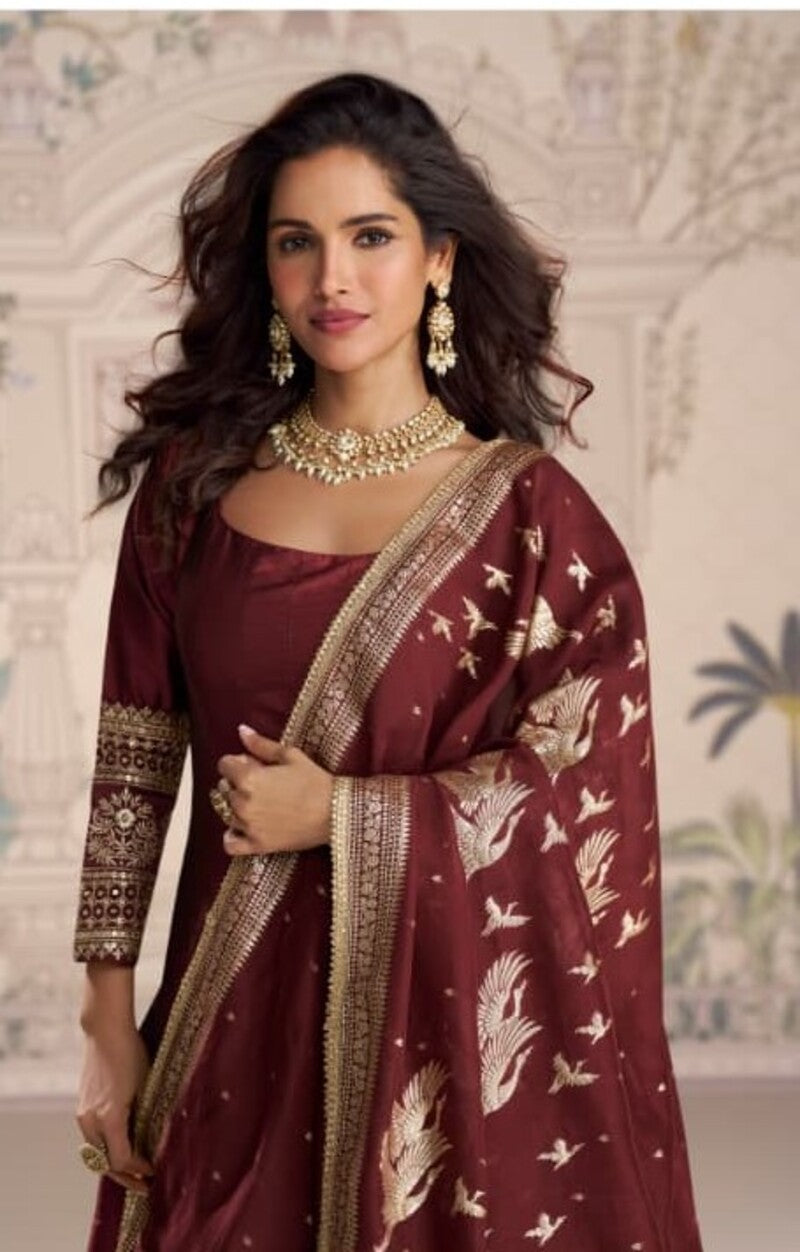 Aarshi Fashions Maroon Silk Wedding Gowns