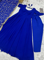 Lorenvalley Fashion Women Georgette Anarkali Gown Duppta Full Set With Pent Ready To Wear - Blue
