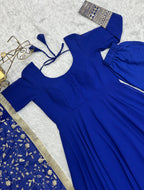 Lorenvalley Fashion Women Georgette Anarkali Gown Duppta Full Set With Pent Ready To Wear - Blue