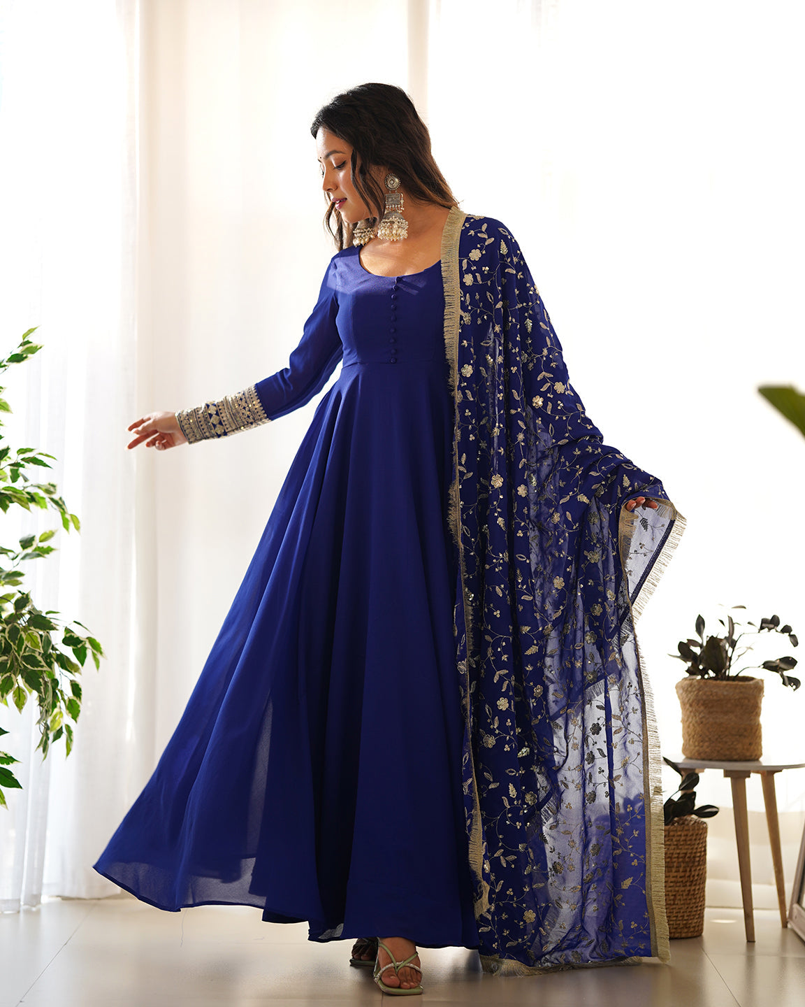 Lorenvalley Fashion Women Georgette Anarkali Gown Duppta Full Set With Pent Ready To Wear - Blue
