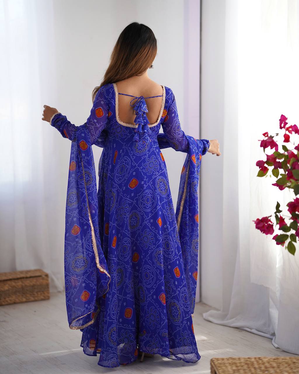 Evanik Royal Blue Pure Lightweight Chiffon Bandhej Design Anarkali Pant With Dupatta
