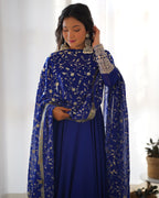 Lorenvalley Fashion Women Georgette Anarkali Gown Duppta Full Set With Pent Ready To Wear - Blue